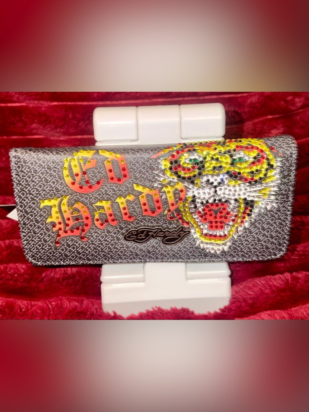 Ed Hardy Gray Wallet with Yellow & Red Rhinestone Tiger